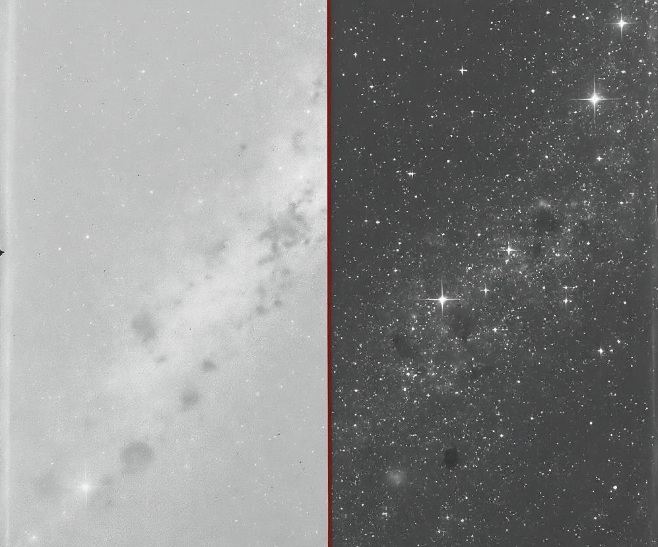 Comparativa de la astrofotografía de M31 antes y después del procesamiento/químico, con detalles resaltados tras reforzado.

