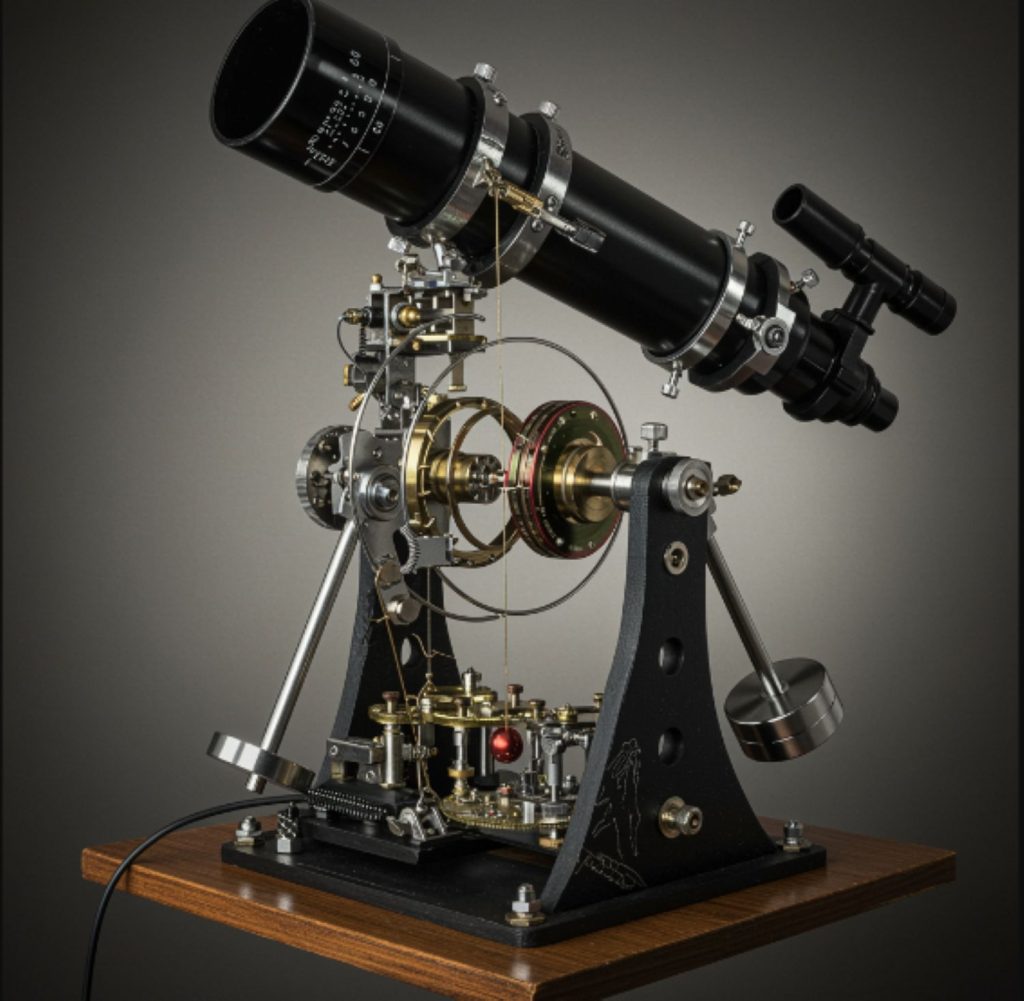Telescopio artesanal equipado con un motor electromagnético oscilante regulado por péndulo, diseñado para seguimiento astronómico.

